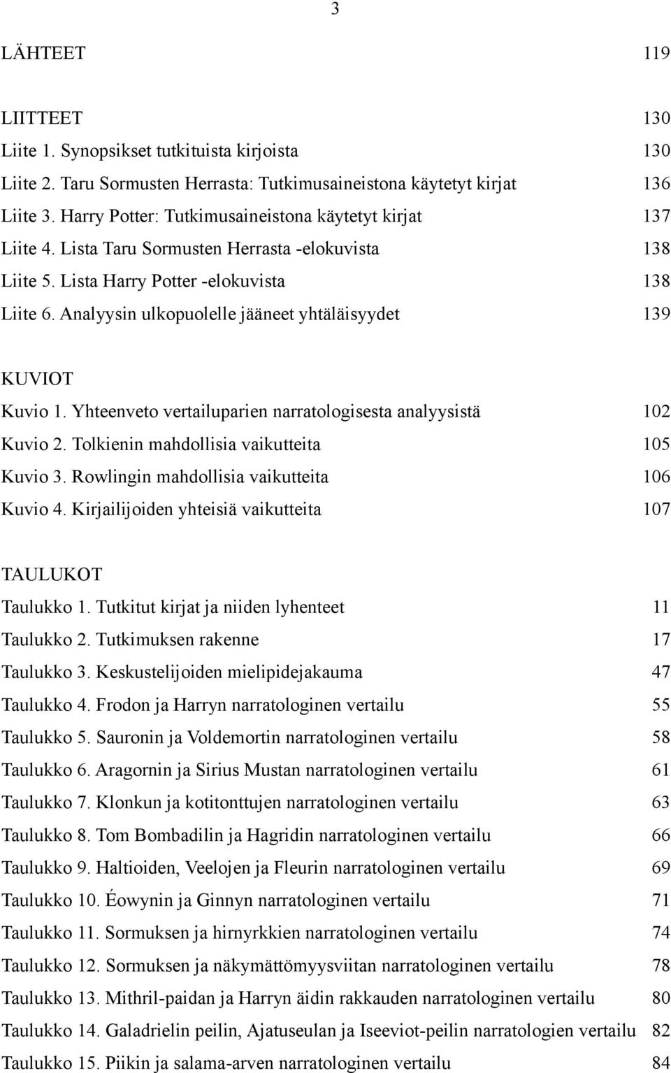 Analyysin ulkopuolelle jääneet yhtäläisyydet 139 KUVIOT Kuvio 1. Yhteenveto vertailuparien narratologisesta analyysistä 102 Kuvio 2. Tolkienin mahdollisia vaikutteita 105 Kuvio 3.