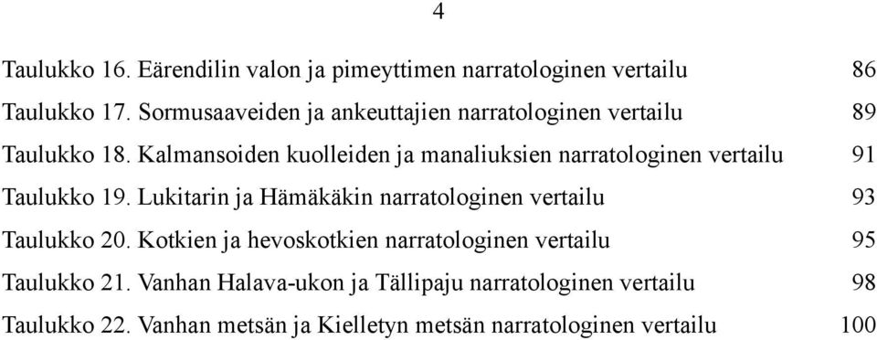 Kalmansoiden kuolleiden ja manaliuksien narratologinen vertailu 91 Taulukko 19.