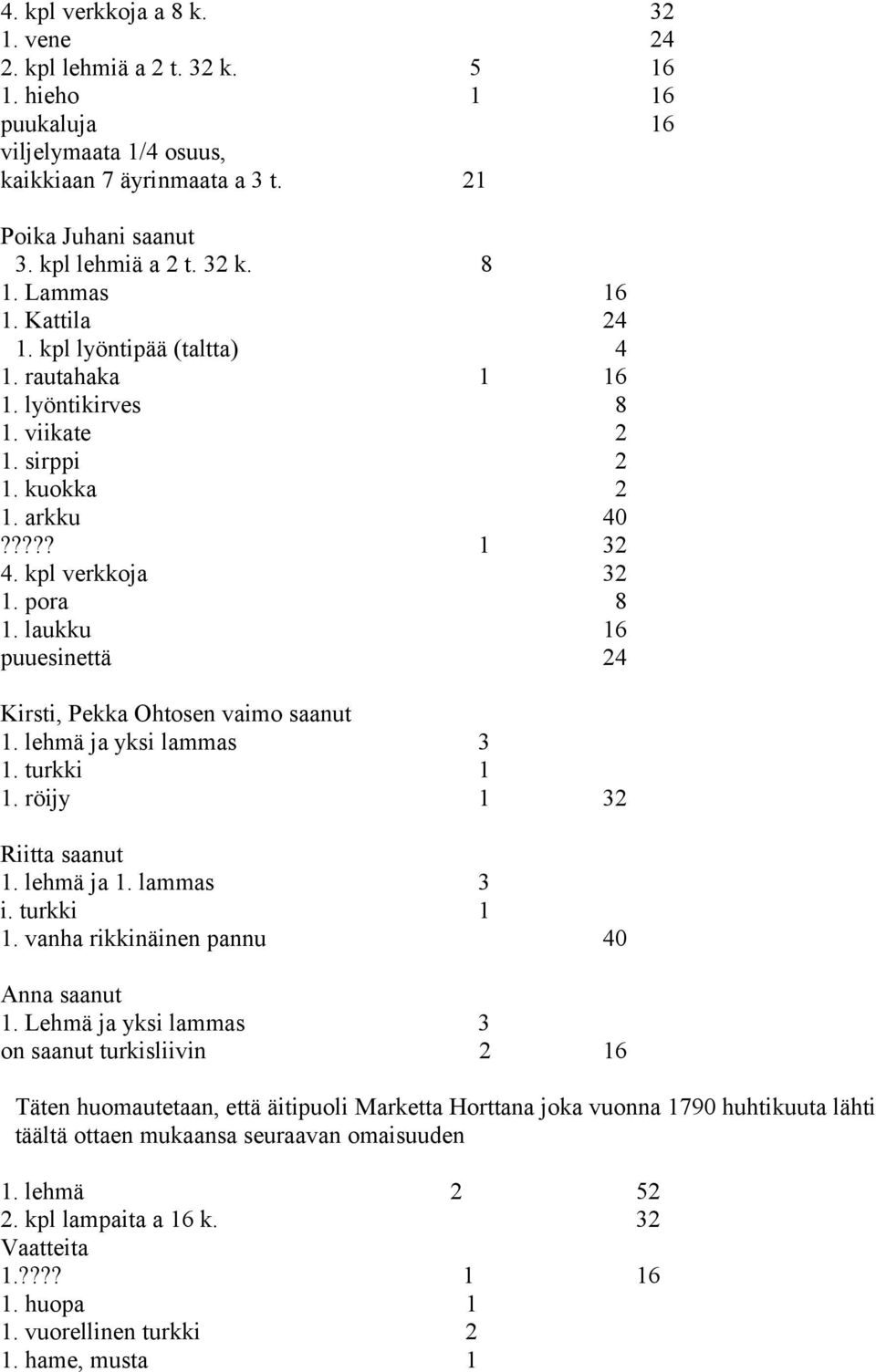 laukku 16 puuesinettä 24 Kirsti, Pekka Ohtosen vaimo saanut 1. lehmä ja yksi lammas 3 1. turkki 1 1. röijy 1 32 Riitta saanut 1. lehmä ja 1. lammas 3 i. turkki 1 1. vanha rikkinäinen pannu 40 Anna saanut 1.