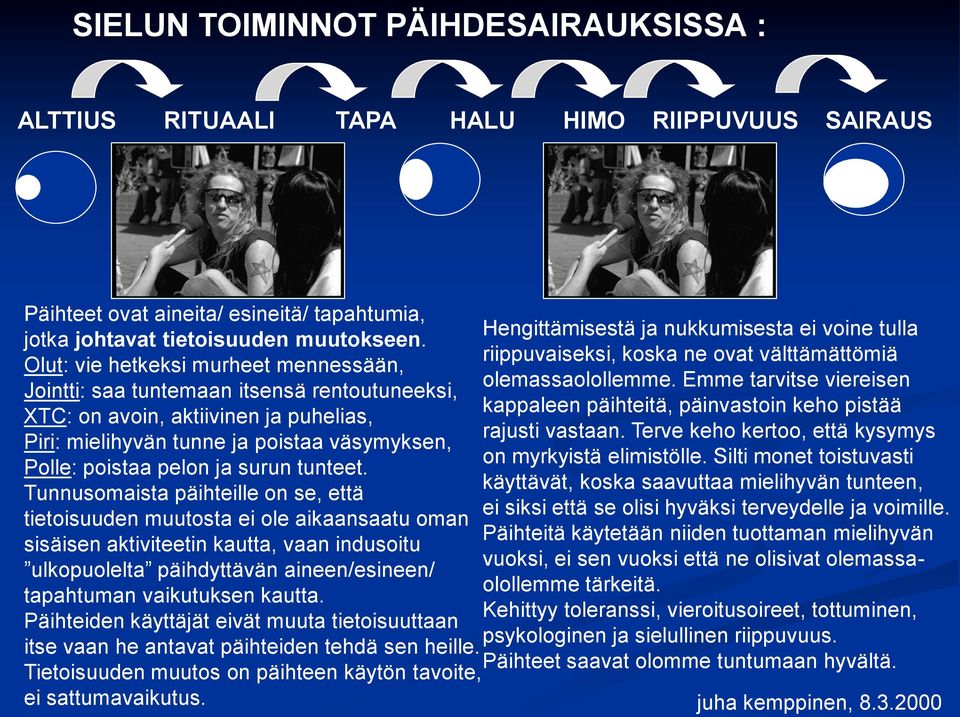 Tnnsomaista päihteille on se, että tietoisden mtosta ei ole aikaansaat oman sisäisen aktiviteetin katta, vaan indsoit lkopolelta päihdyttävän aineen/esineen/ tapahtman vaiktksen katta.