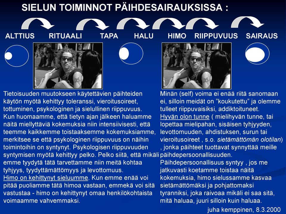 Kn homaamme, että tietyn ajan jälkeen halamme Hyvän olon tnne ( mielihyvän tnne, tai näitä miellyttäviä kokemksia niin intensiivisesti, että lopettaa mielipahan, sisäisen tyhjyyden, teemme kaikkemme