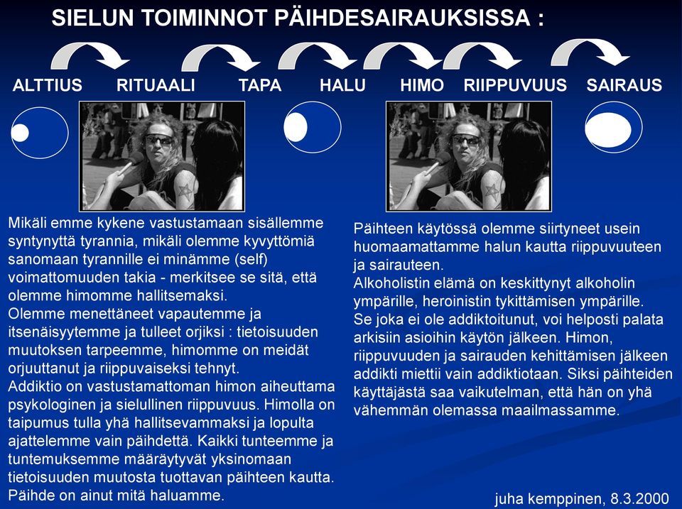 Olemme menettäneet vapatemme ja itsenäisyytemme ja tlleet orjiksi : tietoisden mtoksen tarpeemme, himomme on meidät orjttant ja riippvaiseksi tehnyt.