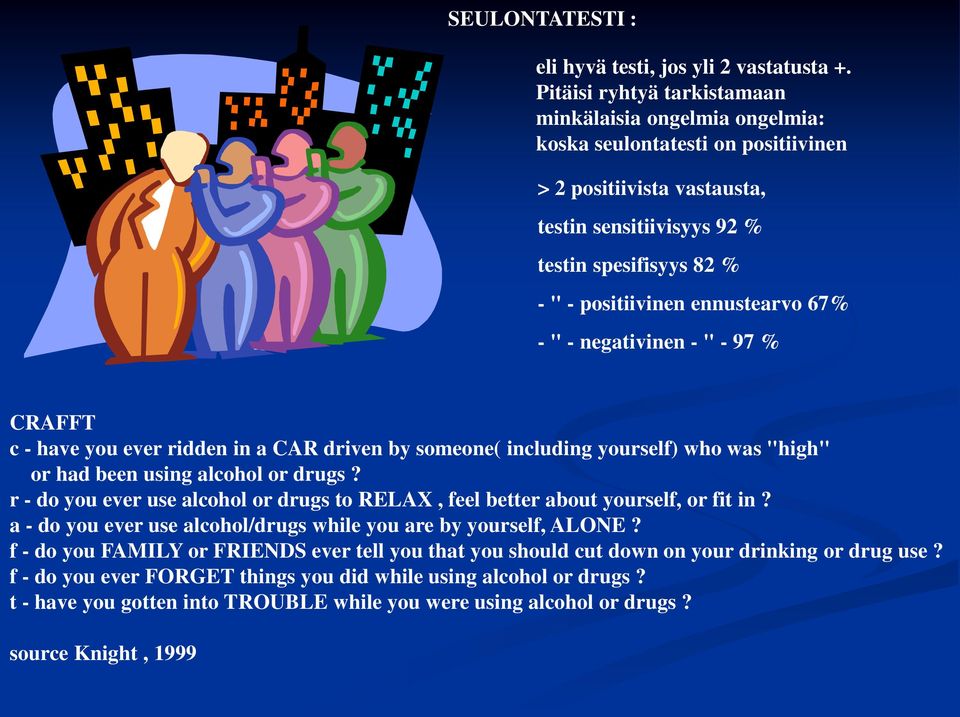 ennstearvo 67% - " - negativinen - " - 97 % CRAFFT c - have yo ever ridden in a CAR driven by someone( inclding yorself) who was "high" or had been sing alcohol or drgs?