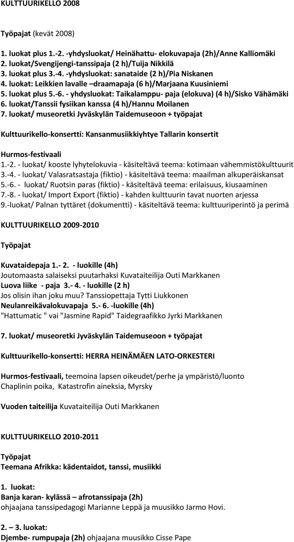 luokat/tanssii fysiikan kanssa (4 h)/hannu Moilanen 7. luokat/ museoretki Jyväskylän Taidemuseoon + työpajat Kulttuurikello-konsertti: Kansanmusiikkiyhtye Tallarin konsertit Hurmos-festivaali 1.-2.
