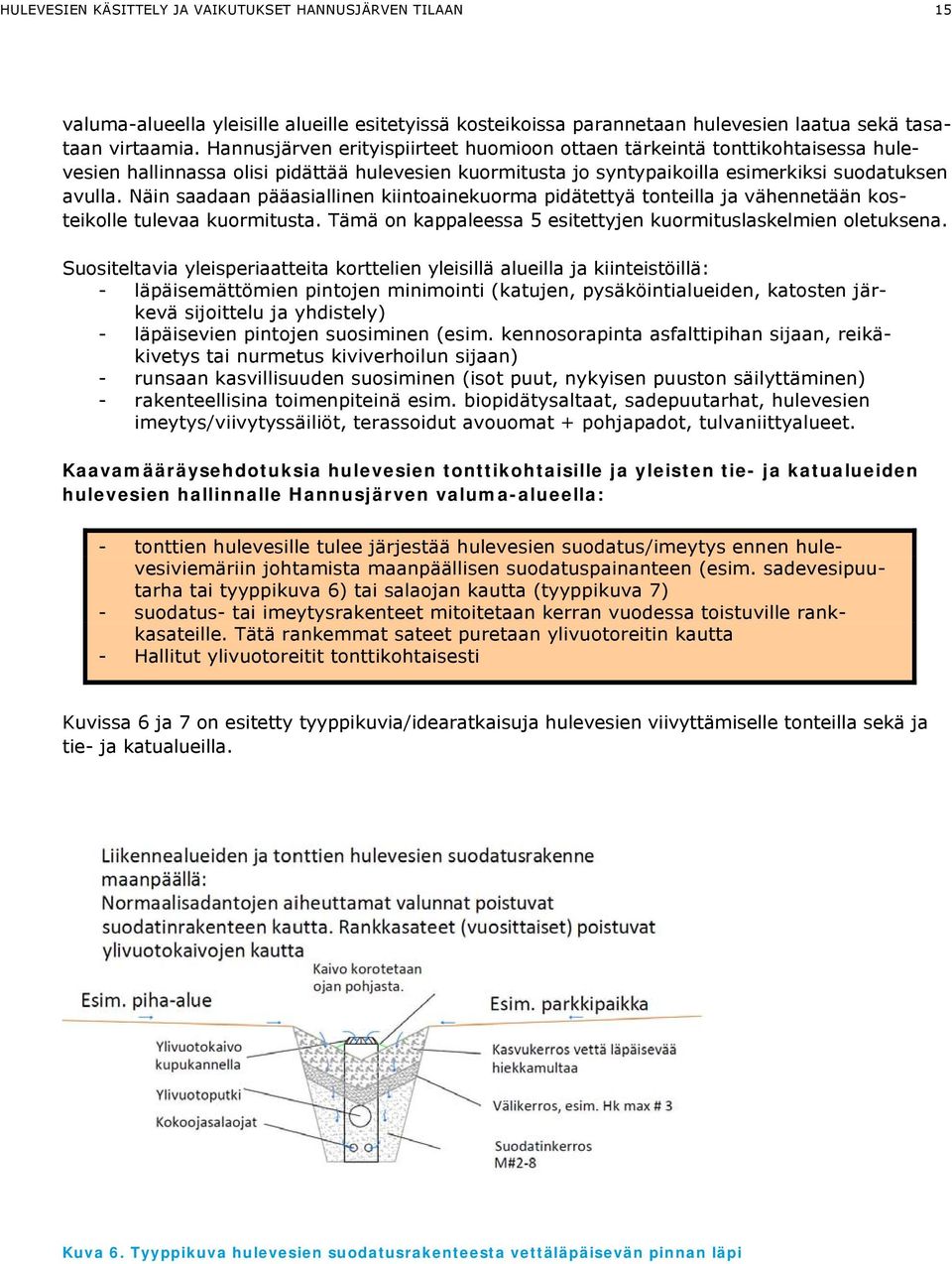 Näin saadaan pääasiallinen kiintoainekuorma pidätettyä tonteilla ja vähennetään kosteikolle tulevaa kuormitusta. Tämä on kappaleessa 5 esitettyjen kuormituslaskelmien oletuksena.