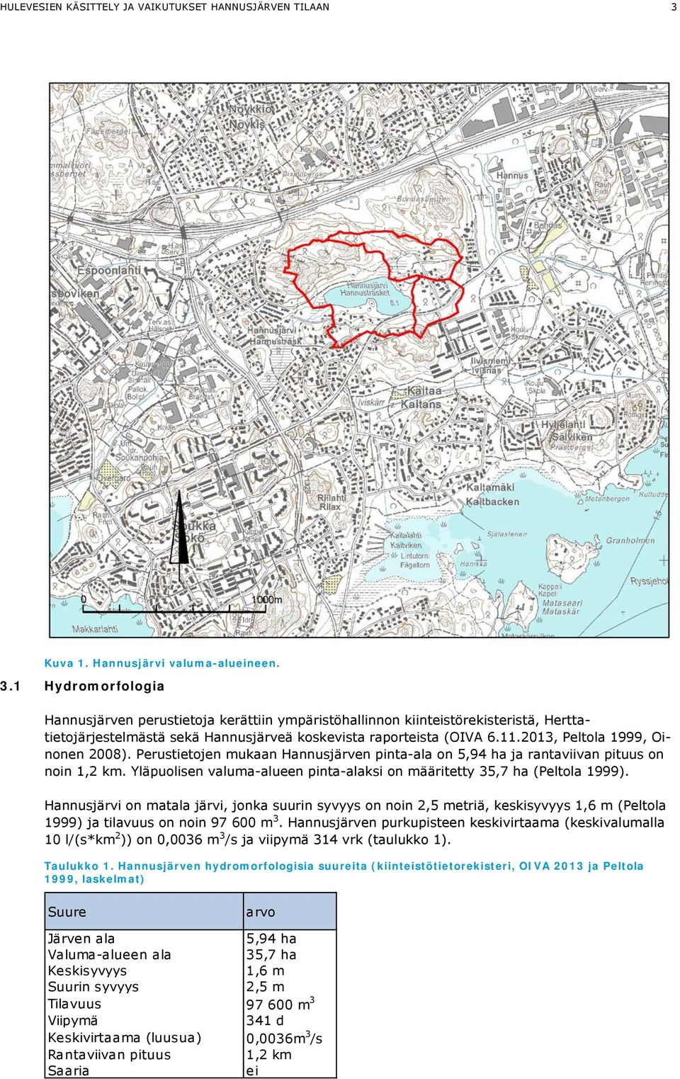 1 Hydromorfologia Hannusjärven perustietoja kerättiin ympäristöhallinnon kiinteistörekisteristä, Herttatietojärjestelmästä sekä Hannusjärveä koskevista raporteista (OIVA 6.11.