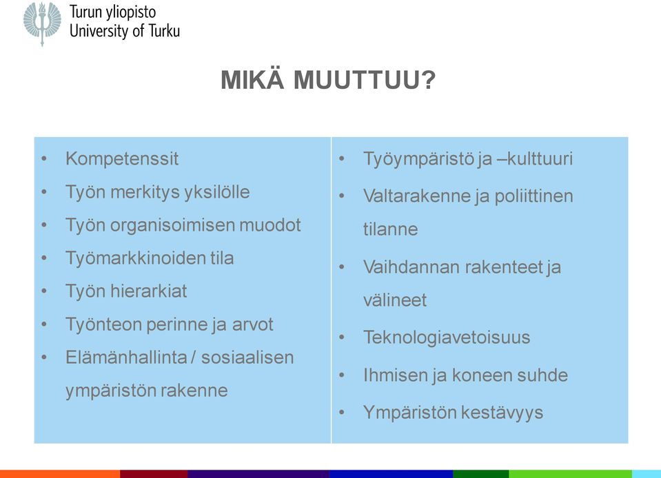 Työn hierarkiat Työnteon perinne ja arvot Elämänhallinta / sosiaalisen ympäristön