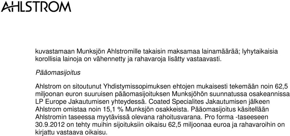 osakeannissa LP Europe Jakautumisen yhteydessä. Coated Specialites Jakautumisen jälkeen Ahlstrom omistaa noin 15,1 % Munksjön osakkeista.