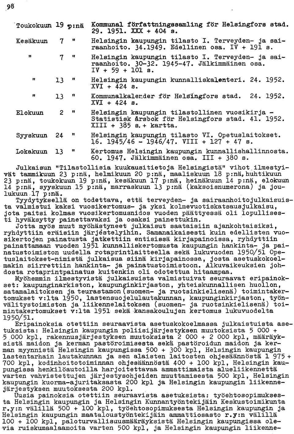 ff 13 " Kommunalkalender för Helsingfors stad. 24. 1952. XVI + 424 s. Elokuun 2 " Helsingin kaupungin tilastollinen vuosikirja - Statistisk ärshok för Helsingfors stad. 41. 1952. XIII + 385 s.