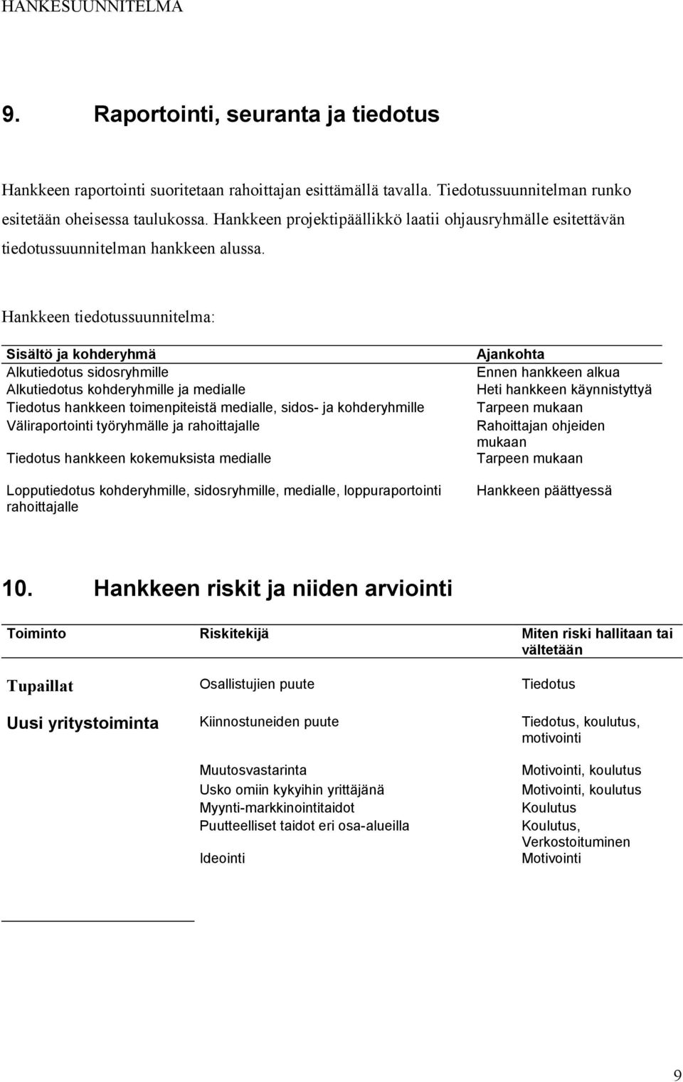 Hankkeen tiedotussuunnitelma: Sisältö ja kohderyhmä Alkutiedotus sidosryhmille Alkutiedotus kohderyhmille ja medialle Tiedotus hankkeen toimenpiteistä medialle, sidos- ja kohderyhmille