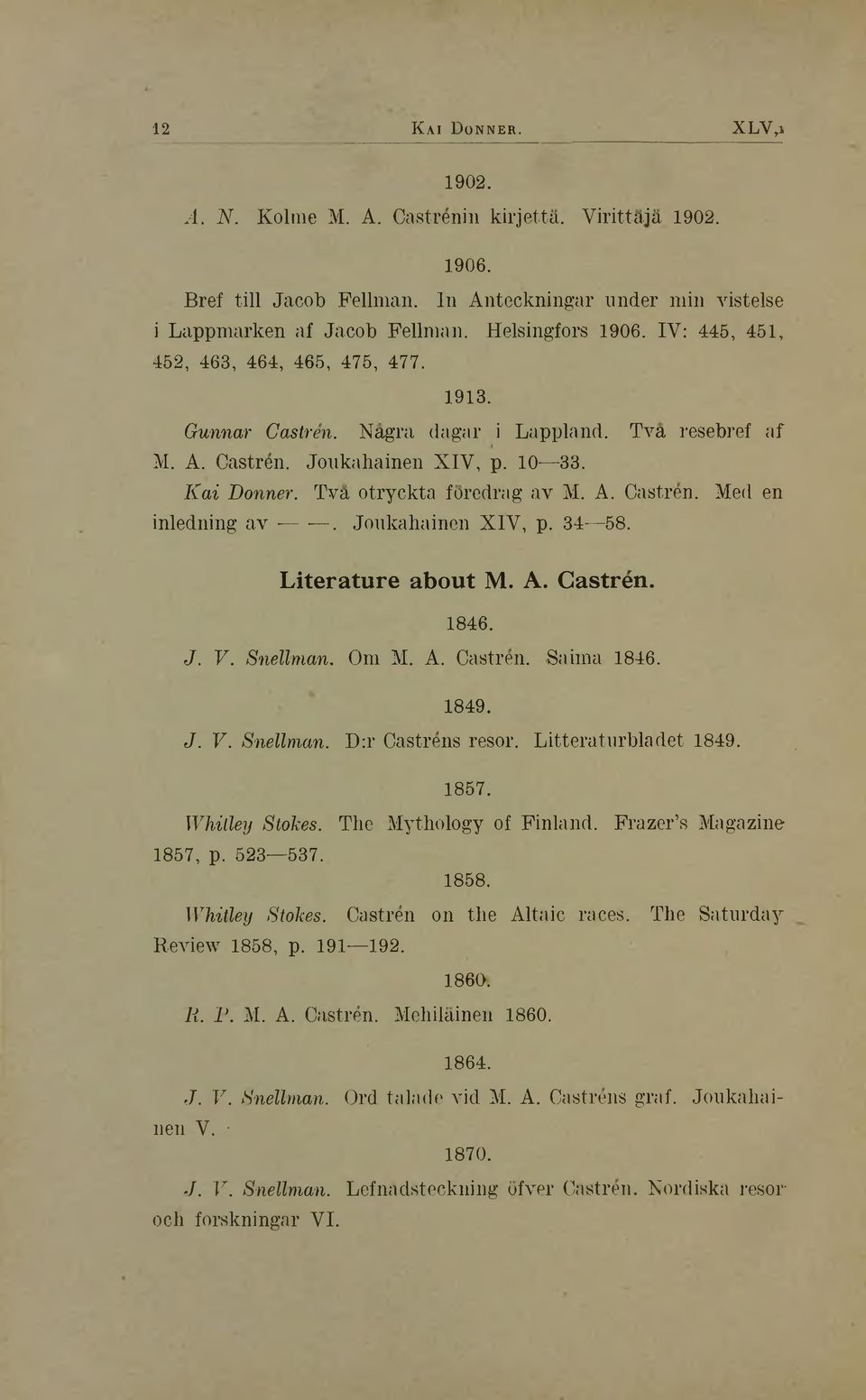 Tva otryckta foredrag av M. A. Castren. Med en inledning av - -. Joukahainen XIV, p. 34 58. Literature about M. A. Castren. 1846. J. V. Snellman. О т M. A. Castren. Saiina 1846. 1849. J. V. Snellman. D:r Castrens resor.