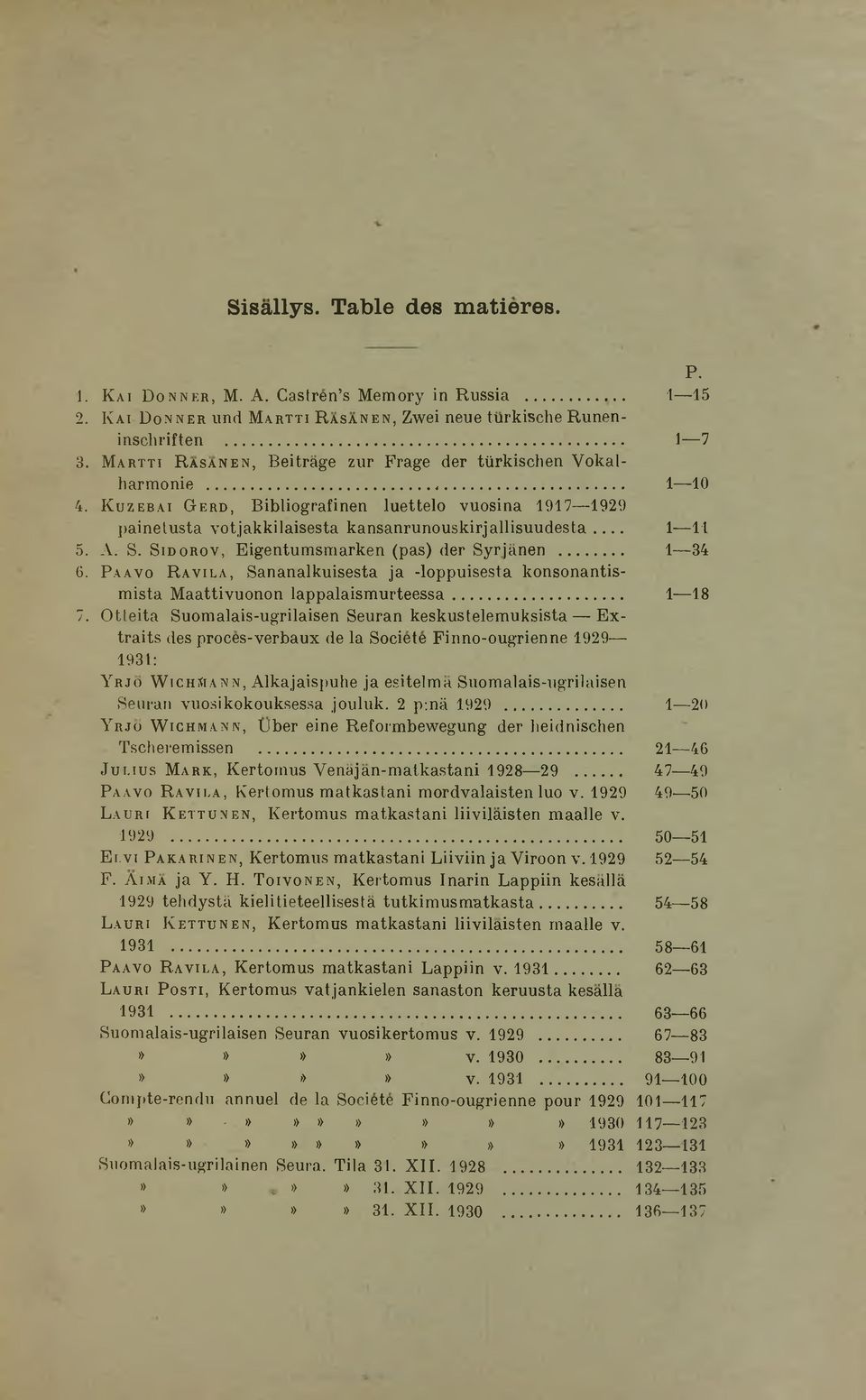 K uzebai G erd, Bibliografinen luettelo vuosina 1917 1929 painetusta votjakkilaisesta kansanrunouskirjallisuudesta 1 11 5. A. S. S idorov, Eigentumsmarken (pas) der Syrjanen... 1 34 6.