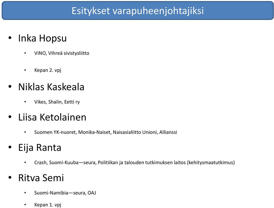 Monika-Naiset, Naisasialiitto Unioni, Allianssi Eija Ranta Crash, Suomi-Kuuba seura,