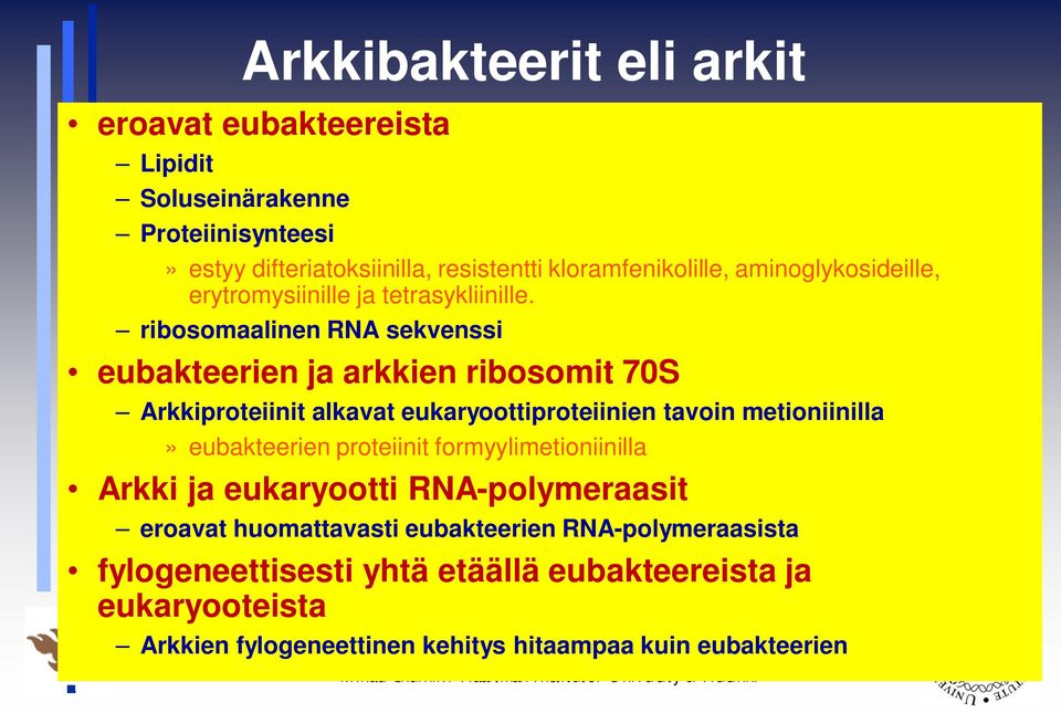 ribosomaalinen RNA sekvenssi eubakteerien ja arkkien ribosomit 70S Arkkiproteiinit alkavat eukaryoottiproteiinien tavoin metioniinilla» eubakteerien