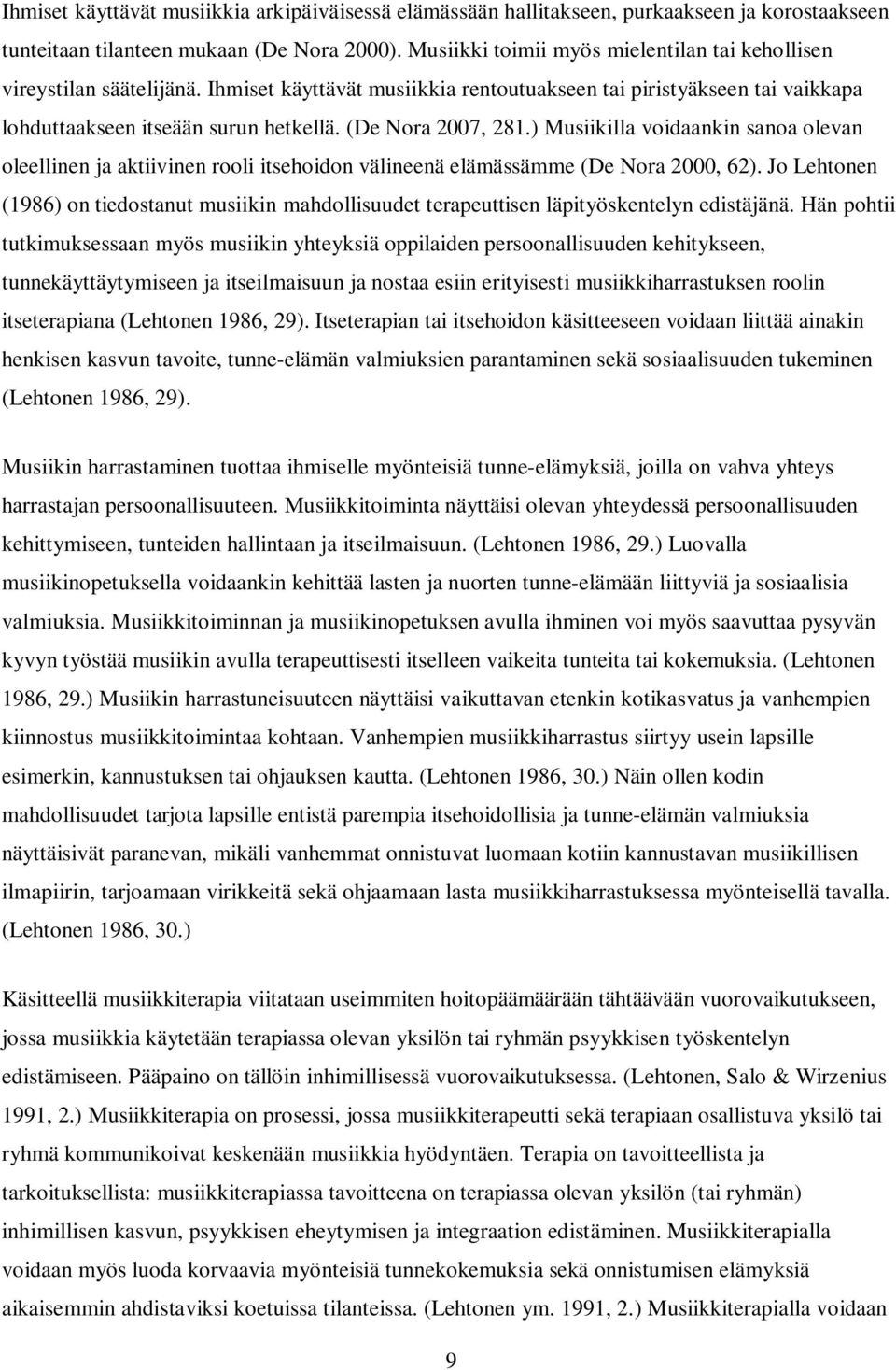 (De Nora 2007, 281.) Musiikilla voidaankin sanoa olevan oleellinen ja aktiivinen rooli itsehoidon välineenä elämässämme (De Nora 2000, 62).