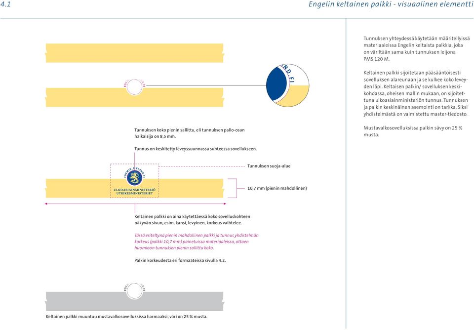 Keltaisen palkin/ sovelluksen keskikohdassa, oheisen mallin mukaan, on sijoitettuna ulkoasiainministeriön tunnus. Tunnuksen ja palkin keskinäinen asemointi on tarkka.