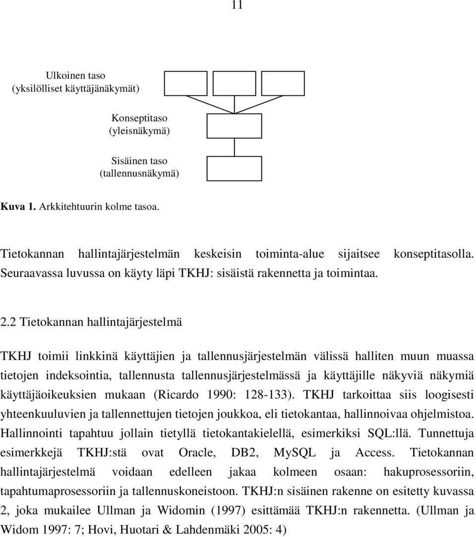 2 Tietokannan hallintajärjestelmä TKHJ toimii linkkinä käyttäjien ja tallennusjärjestelmän välissä halliten muun muassa tietojen indeksointia, tallennusta tallennusjärjestelmässä ja käyttäjille