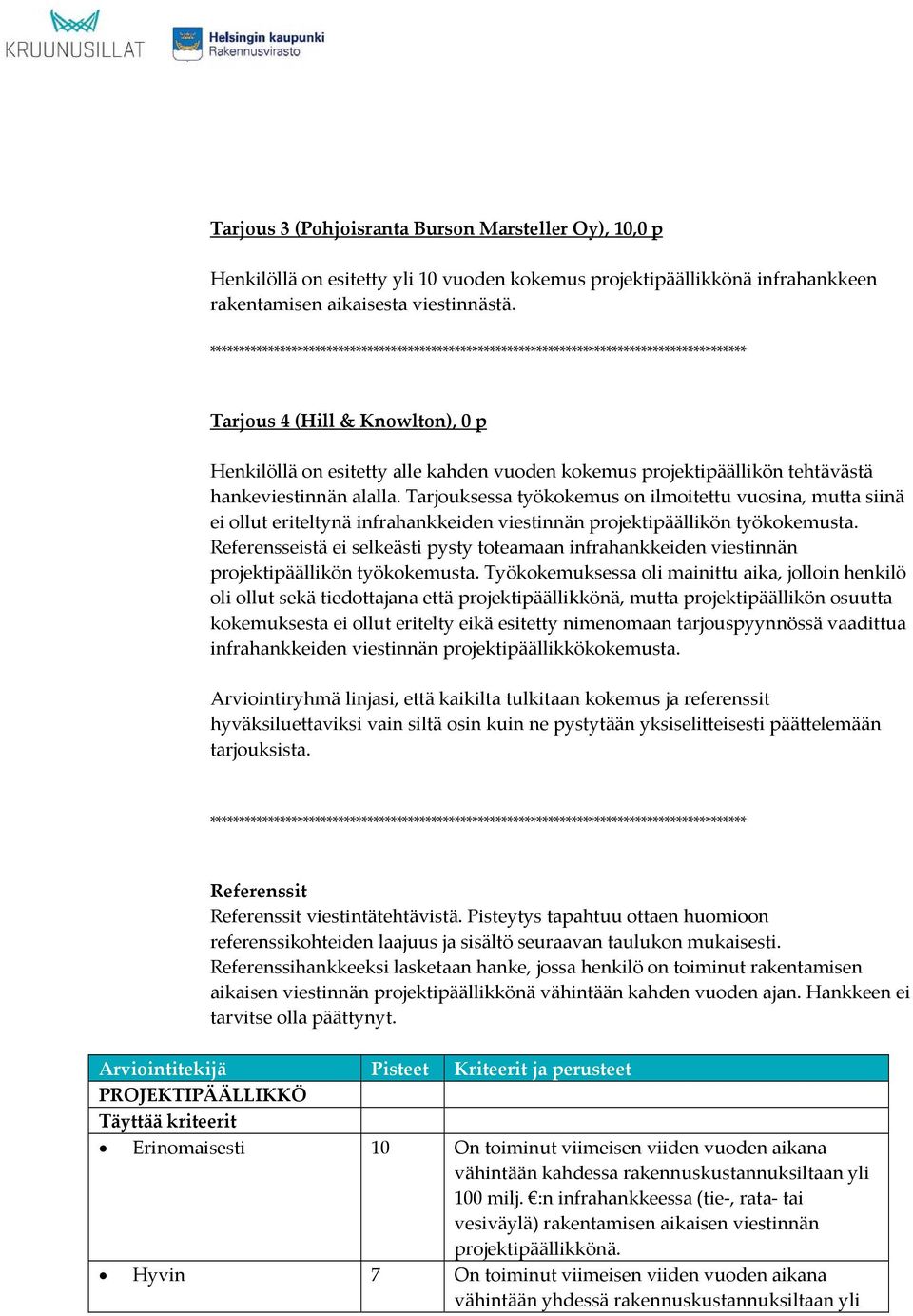 Tarjouksessa työkokemus on ilmoitettu vuosina, mutta siinä ei ollut eriteltynä infrahankkeiden viestinnän projektipäällikön työkokemusta.