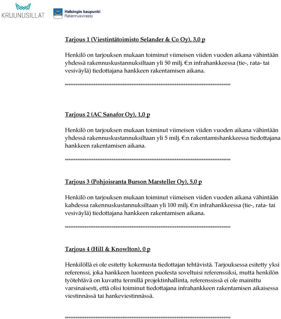 Tarjous 2 (AC Sanafor Oy), 1,0 p Henkilö on tarjouksen mukaan toiminut viimeisen viiden vuoden aikana vähintään yhdessä rakennuskustannuksiltaan yli 5 milj.