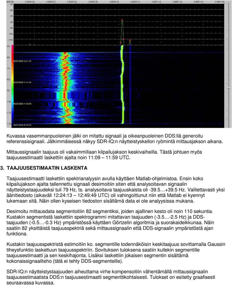 TAAJUUSESTIMAATIN LASKENTA Taajuusestimaatti laskettiin spektrianalyysin avulla käyttäen Matlab-ohjelmistoa.