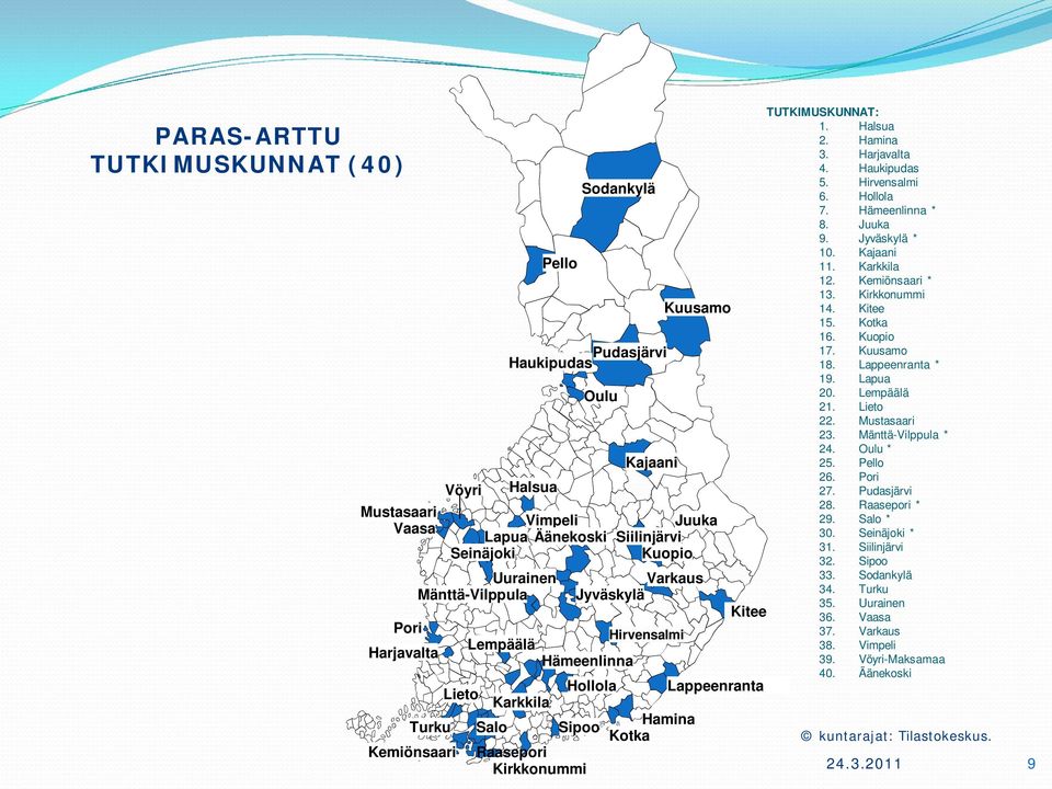 Halsua 2. Hamina 3. Harjavalta 4. Haukipudas 5. Hirvensalmi 6. Hollola 7. Hämeenlinna * 8. Juuka 9. Jyväskylä * 10. Kajaani 11. Karkkila 12. Kemiönsaari * 13. Kirkkonummi 14. Kitee 15. Kotka 16.