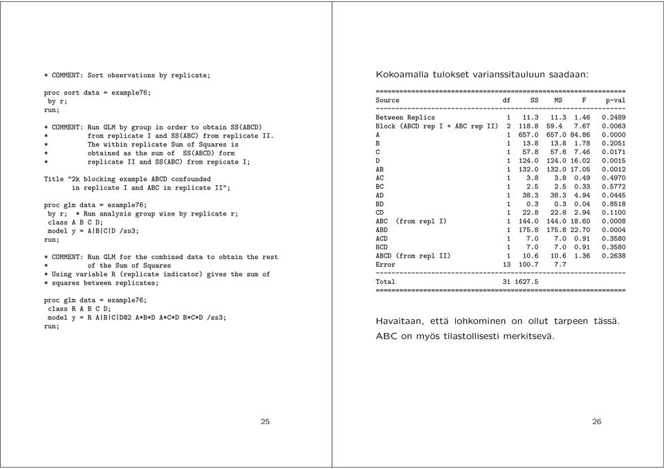 replicate II"; proc glm data = example76; by r; * Run analysis group wise by replicate r; class A B C D; model y = A B C D /ss3; run; * COMMENT: Run GLM for the combined data to obtain the rest * of