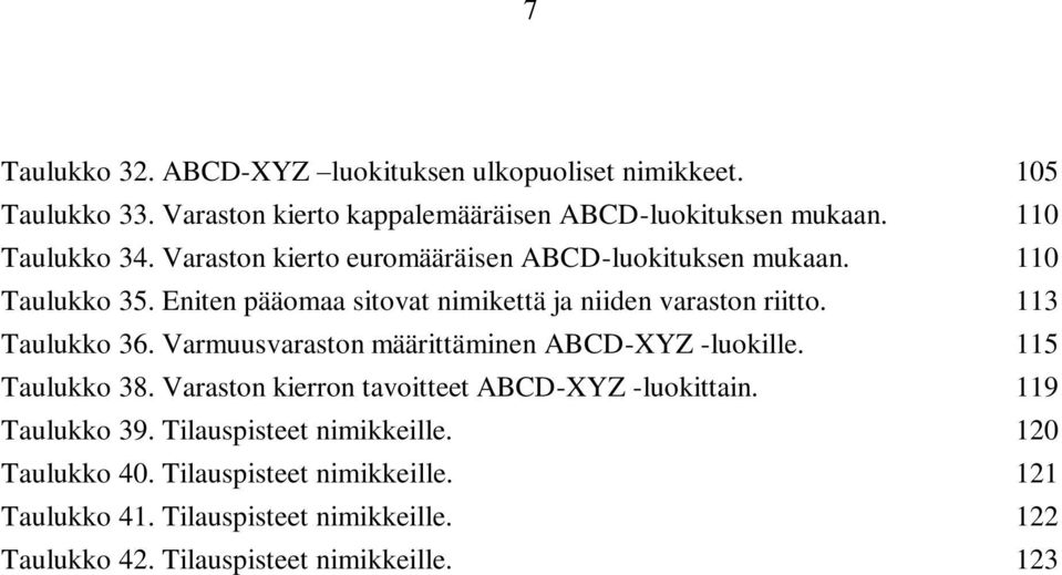 113 Taulukko 36. Varmuusvaraston määrittäminen ABCD-XYZ -luokille. 115 Taulukko 38. Varaston kierron tavoitteet ABCD-XYZ -luokittain. 119 Taulukko 39.