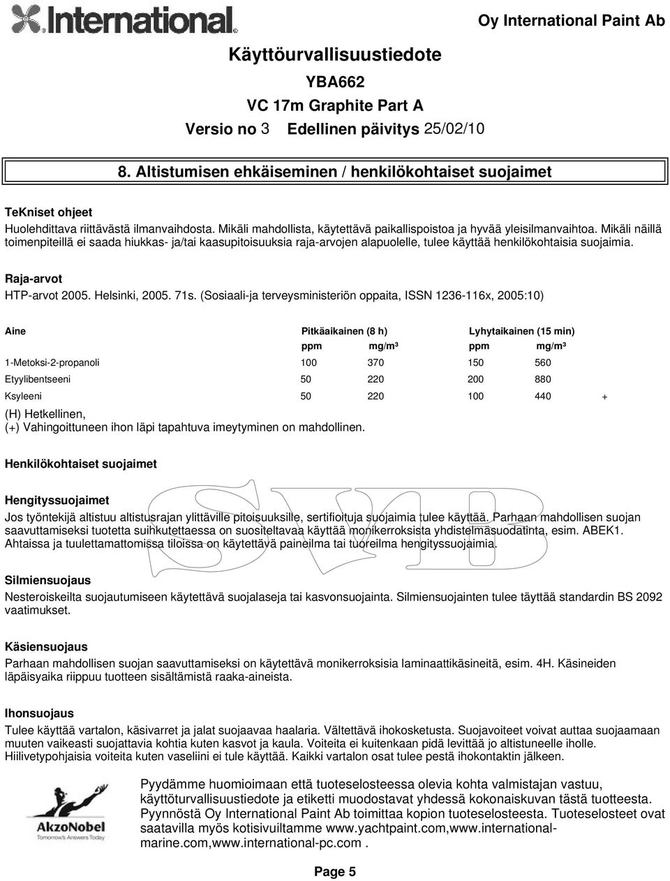 terveysministeriön oppaita, ISSN 1236-116x, 2005:10) Aine Pitkäaikainen (8 h) Lyhytaikainen (15 min) ppm mg/m³ ppm mg/m³ 1-Metoksi-2-propanoli 100 370 150 560 Etyylibentseeni 50 220 200 880 Ksyleeni