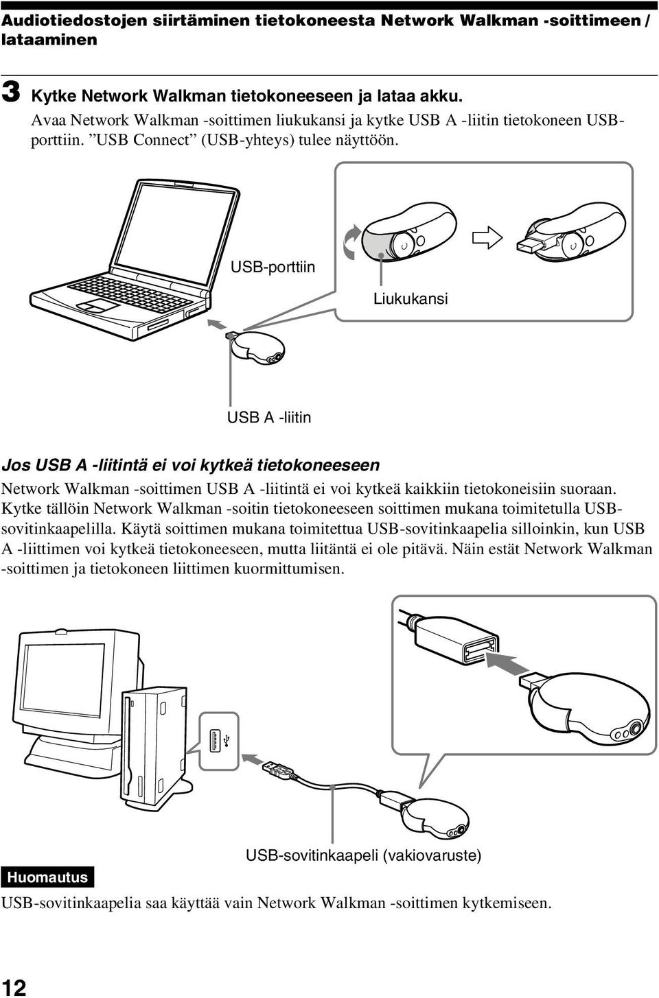 USB-porttiin Liukukansi USB A -liitin Jos USB A -liitintä ei voi kytkeä tietokoneeseen Network Walkman -soittimen USB A -liitintä ei voi kytkeä kaikkiin tietokoneisiin suoraan.