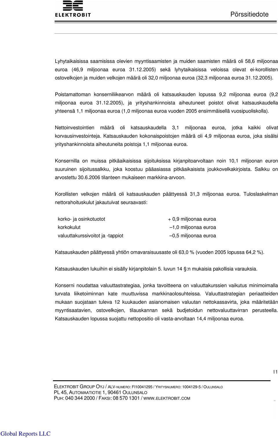 12.2005), ja yrityshankinnoista aiheutuneet poistot olivat katsauskaudella yhteensä 1,1 miljoonaa euroa (1,0 miljoonaa euroa vuoden 2005 ensimmäisellä vuosipuoliskolla).