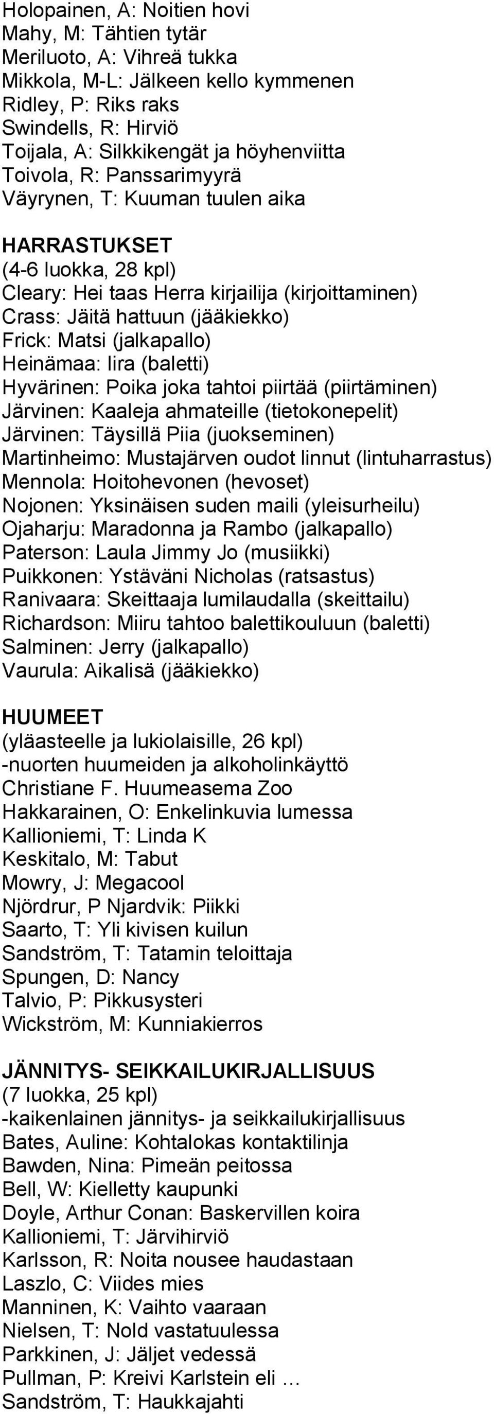 (jalkapallo) Heinämaa: Iira (baletti) Hyvärinen: Poika joka tahtoi piirtää (piirtäminen) Järvinen: Kaaleja ahmateille (tietokonepelit) Järvinen: Täysillä Piia (juokseminen) Martinheimo: Mustajärven