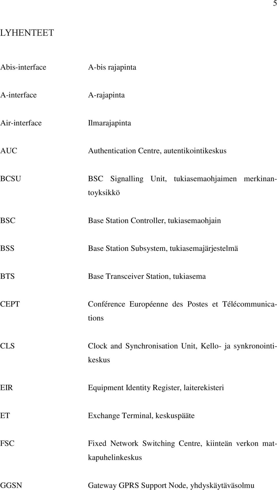 tukiasema CEPT Conférence Européenne des Postes et Télécommunications CLS Clock and Synchronisation Unit, Kello- ja synkronointikeskus EIR Equipment Identity