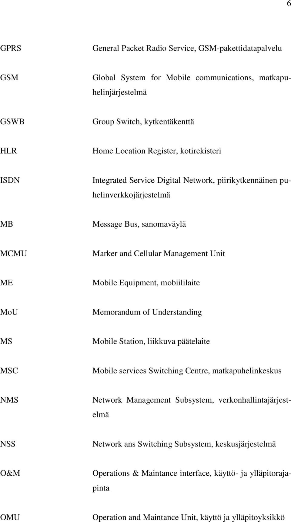 mobiililaite MoU Memorandum of Understanding MS Mobile Station, liikkuva päätelaite MSC Mobile services Switching Centre, matkapuhelinkeskus NMS Network Management Subsystem,