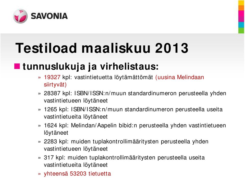 vastintietueita löytäneet» 1624 kpl: Melindan/Aapelin bibid:n perusteella yhden vastintietueen löytäneet» 2283 kpl: muiden