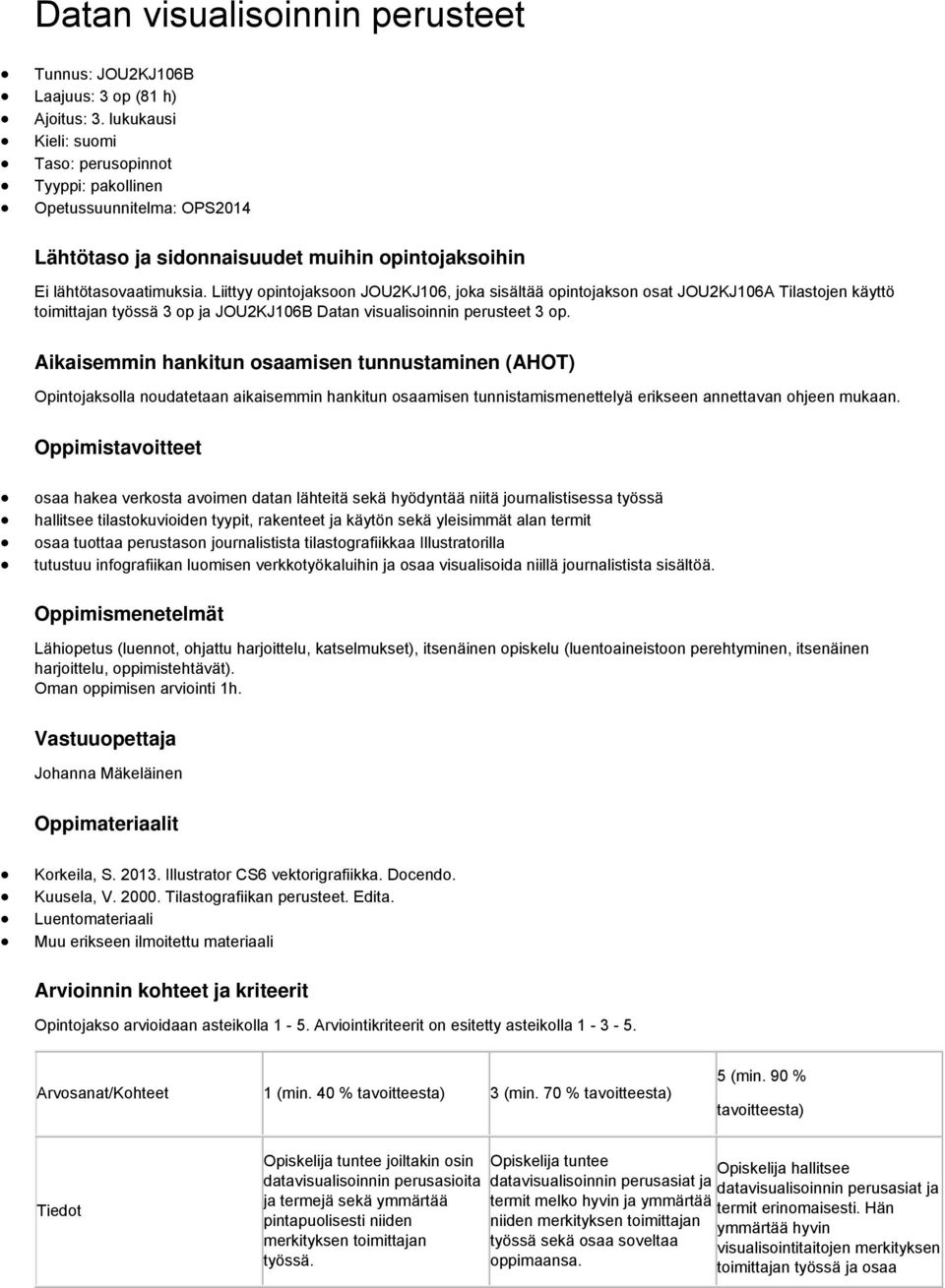 Liittyy opintojaksoon JOU2KJ106, joka sisältää opintojakson osat JOU2KJ106A Tilastojen käyttö toimittajan työssä 3 op ja JOU2KJ106B Datan visualisoinnin perusteet 3 op.