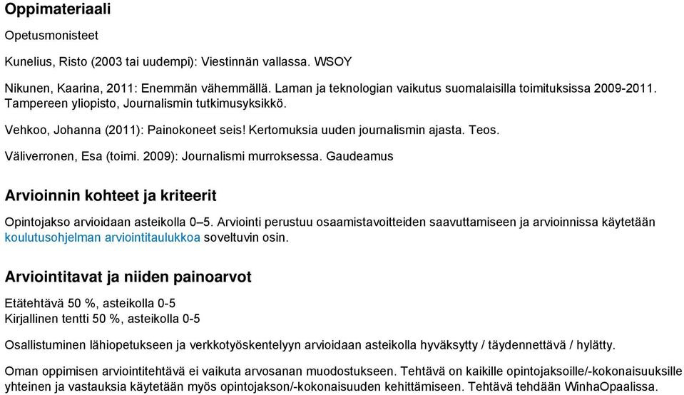 Teos. Väliverronen, Esa (toimi. 2009): Journalismi murroksessa. Gaudeamus Arvioinnin kohteet ja kriteerit Opintojakso arvioidaan asteikolla 0 5.