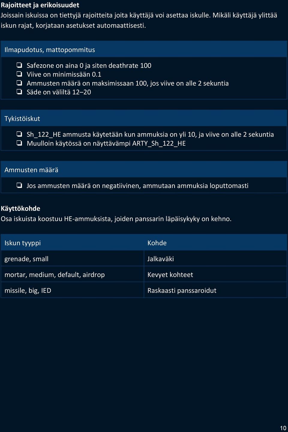 1 Ammusten määrä on maksimissaan 100, jos viive on alle 2 sekuntia Säde on väliltä 12 20 Tykistöiskut Sh_122_HE ammusta käytetään kun ammuksia on yli 10, ja viive on alle 2 sekuntia Muulloin käytössä