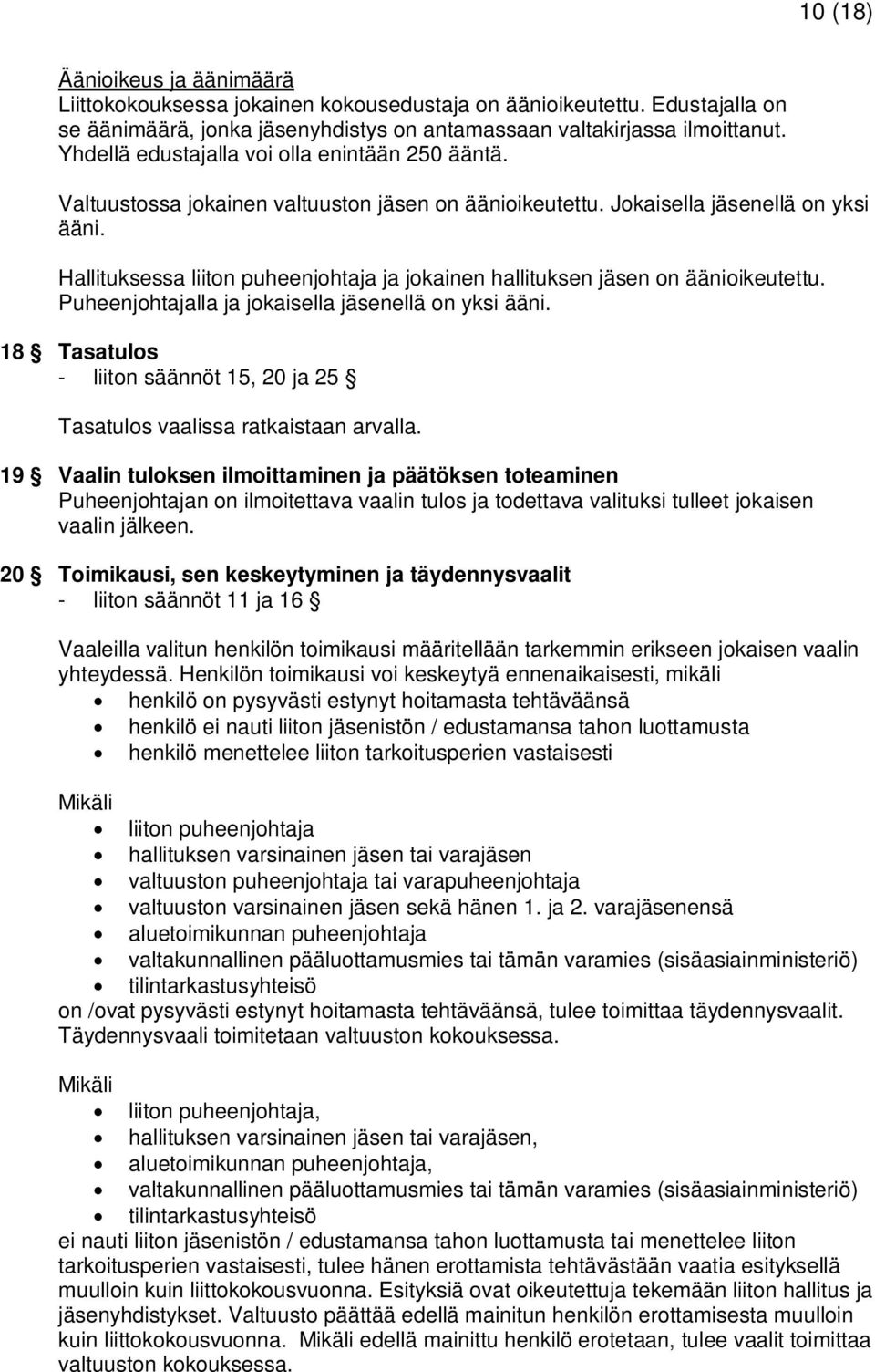 Hallituksessa liiton puheenjohtaja ja jokainen hallituksen jäsen on äänioikeutettu. Puheenjohtajalla ja jokaisella jäsenellä on yksi ääni.