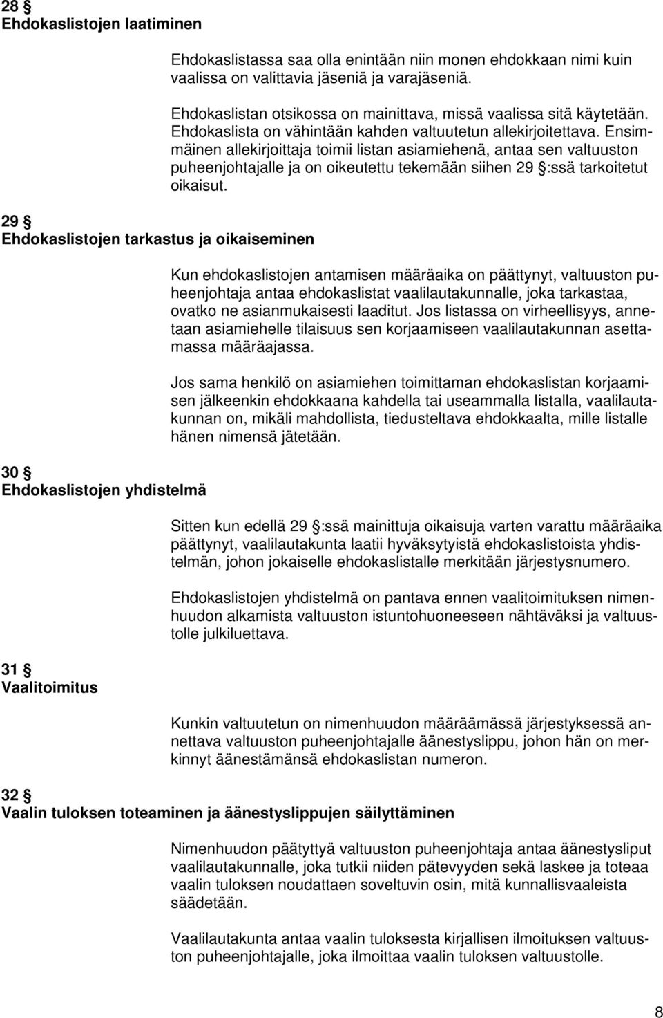 Ensimmäinen allekirjoittaja toimii listan asiamiehenä, antaa sen valtuuston puheenjohtajalle ja on oikeutettu tekemään siihen 29 :ssä tarkoitetut oikaisut.