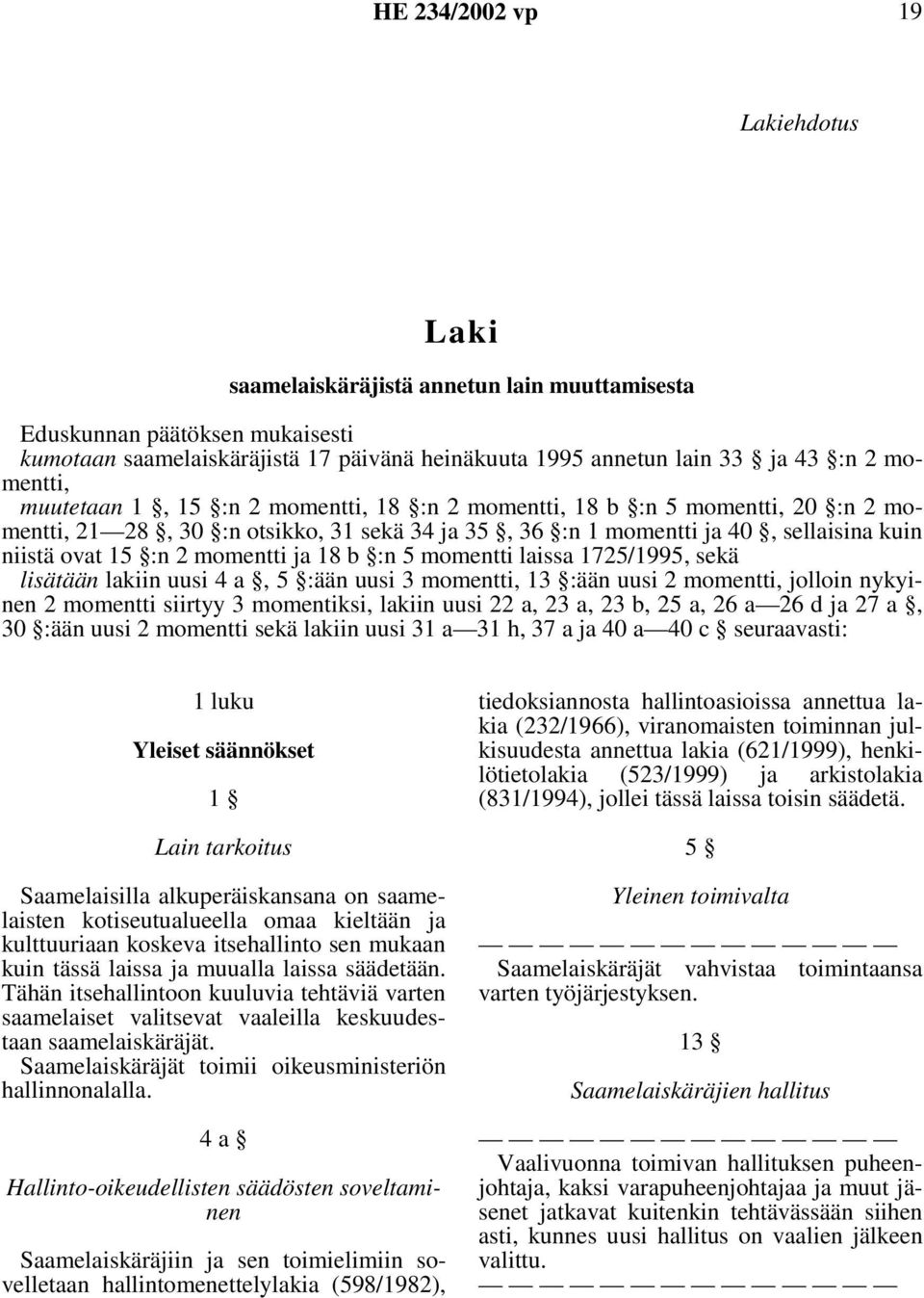 momentti laissa 1725/1995, sekä lisätään lakiin uusi 4 a, 5 :ään uusi 3 momentti, 13 :ään uusi 2 momentti, jolloin nykyinen2momenttisiirtyy3momentiksi,lakiinuusi22a,23a,23b,25a,26a 26dja27a, 30 :ään