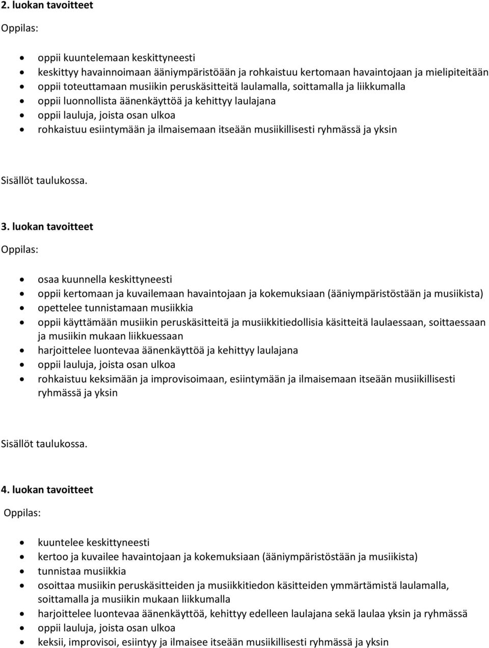 luokan tavoitteet osaa kuunnella keskittyneesti oppii kertomaan ja kuvailemaan havaintojaan ja kokemuksiaan (ääniympäristöstään ja musiikista) opettelee tunnistamaan musiikkia oppii käyttämään