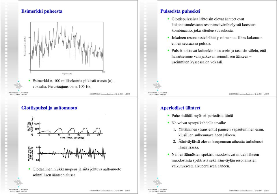 Pulssit toistuvat kuitenkin niin usein ja tasaisin välein, että havaitsemme vain jatkuvan soinnillisen äänteen useinmiten kyseessä on vokaali. 0 0 2000 Frequency (Hz) Esimerkki n.