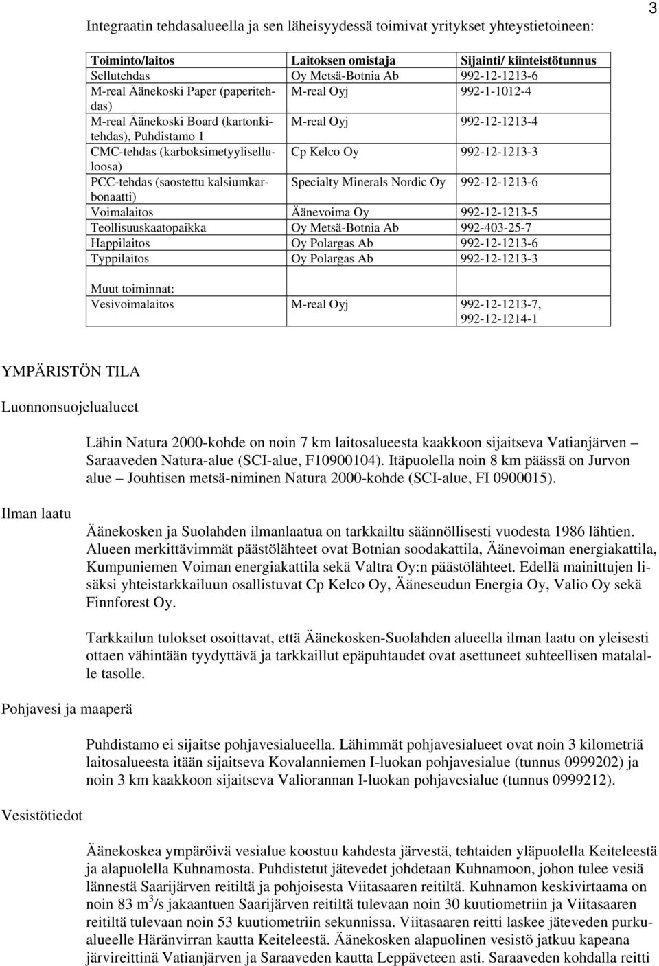 992-12-1213-3 PCC-tehdas (saostettu kalsiumkarbonaatti) Specialty Minerals Nordic Oy 992-12-1213-6 Voimalaitos Äänevoima Oy 992-12-1213-5 Teollisuuskaatopaikka Oy Metsä-Botnia Ab 992-403-25-7