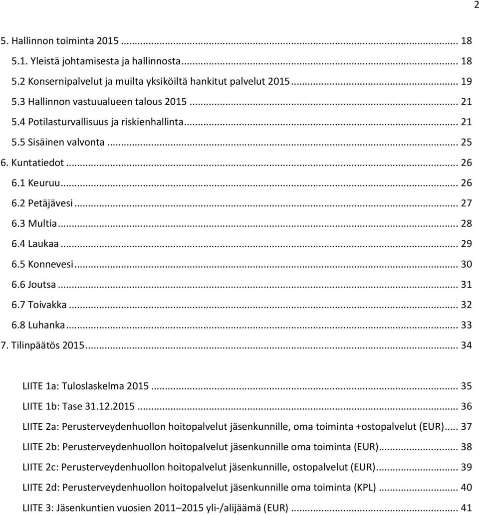 .. 31 6.7 Toivakka... 32 6.8 Luhanka... 33 7. Tilinpäätös 2015... 34 LIITE 1a: Tuloslaskelma 2015... 35 LIITE 1b: Tase 31.12.2015... 36 LIITE 2a: Perusterveydenhuollon hoitopalvelut jäsenkunnille, oma toiminta +ostopalvelut (EUR).