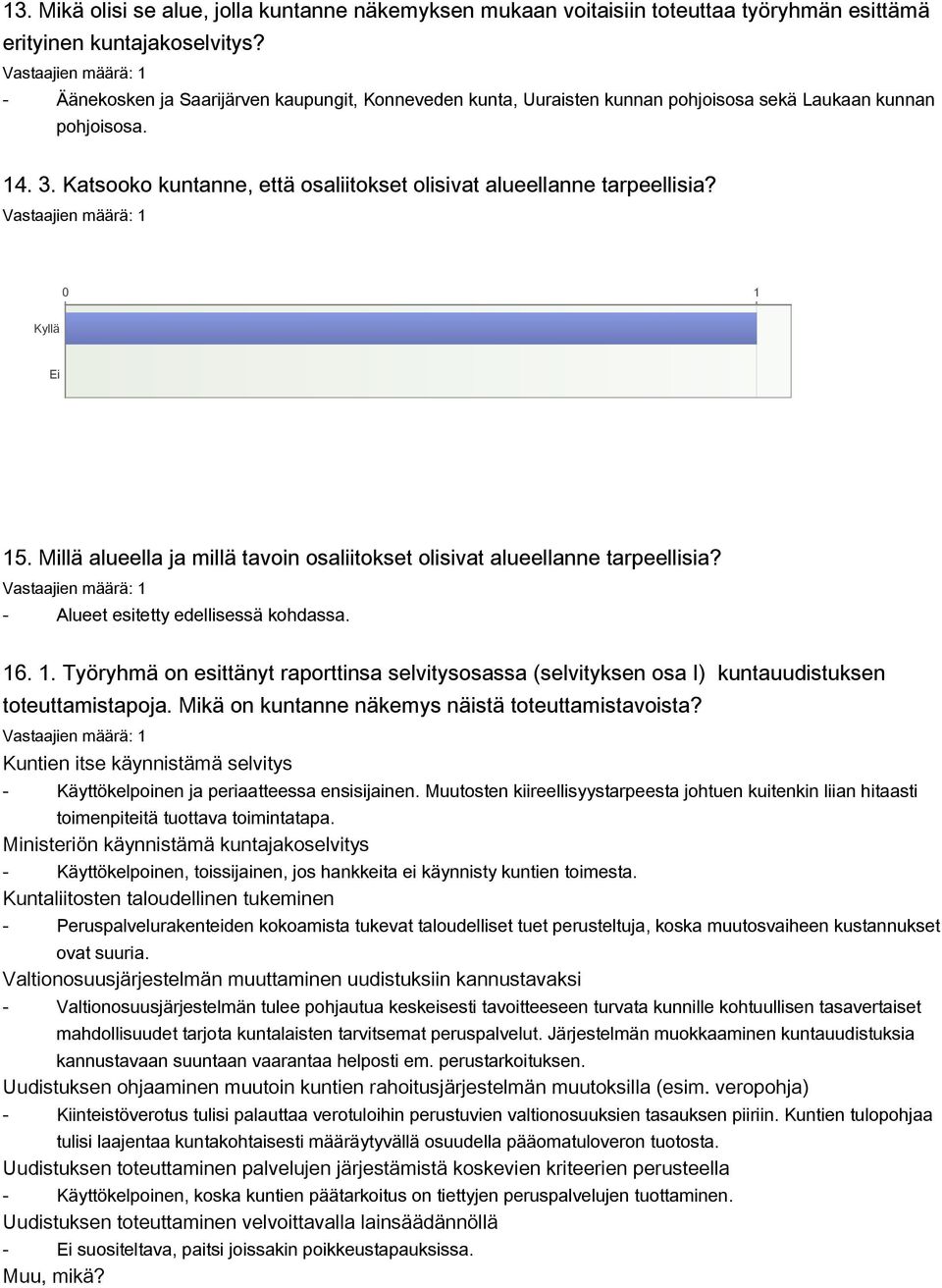 0 1 Kyllä Ei 15. Millä alueella ja millä tavoin osaliitokset olisivat alueellanne tarpeellisia? Alueet esitetty edellisessä kohdassa. 16. 1. Työryhmä on esittänyt raporttinsa selvitysosassa (selvityksen osa I) kuntauudistuksen toteuttamistapoja.