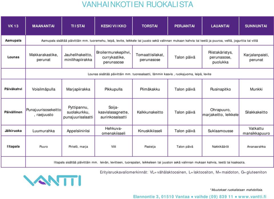 Punajuurisosekeitto, Pyttipannu, suolakurkku, punajuurisalaatti Soijakasvislasagnette, aurinkosalaatti Kalkkunakeitto Talon päivä Ohrapuuro, marjakeitto, leikkele