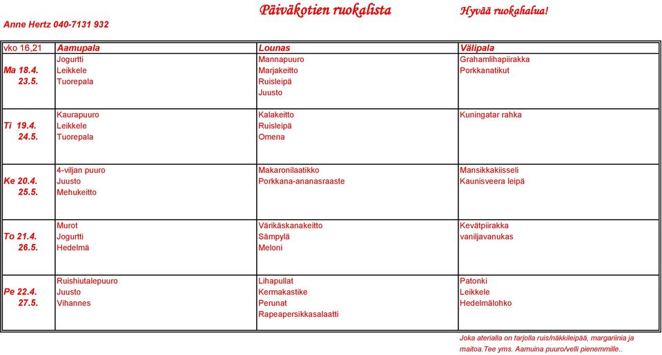 Tuorepala Omena 4-viljan puuro Makaronilaatikko Mansikkakiisseli Ke 20.4. Juusto Porkkana-ananasraaste Kaunisveera leipä 25.