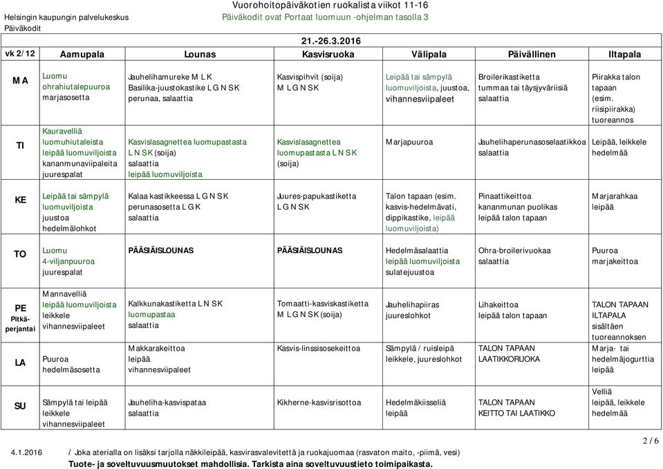 2016 vk 2/12 Aamupala Lounas Kasvisruoka Välipala Päivällinen Iltapala ohrahiutalepuuroa Kauravelliä kananmunaviipaleita Jauhelihamureke M L K Basilika-juustokastike, Kasvislasagnettea luomupastasta