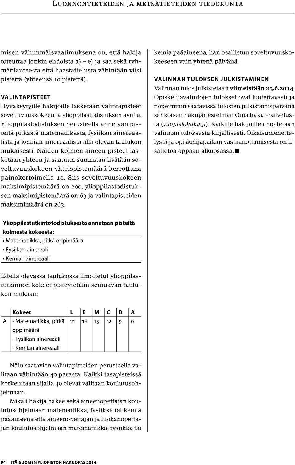 Ylioppilastodistuksen perusteella annetaan pisteitä pitkästä matematiikasta, fysiikan ainereaalista ja kemian ainereaalista alla olevan taulukon mukaisesti.