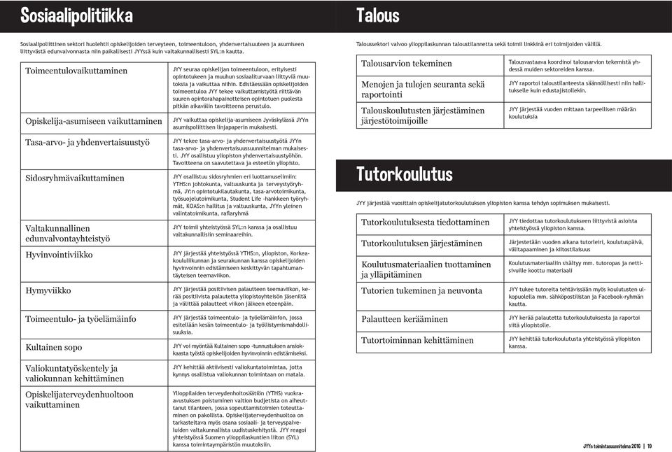 Toimeentulovaikuttaminen Opiskelija-asumiseen vaikuttaminen JYY seuraa opiskelijan toimeentuloon, erityisesti opintotukeen ja muuhun sosiaaliturvaan liittyviä muutoksia ja vaikuttaa niihin.